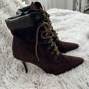 Manolo Blahnik brown suede laced booties